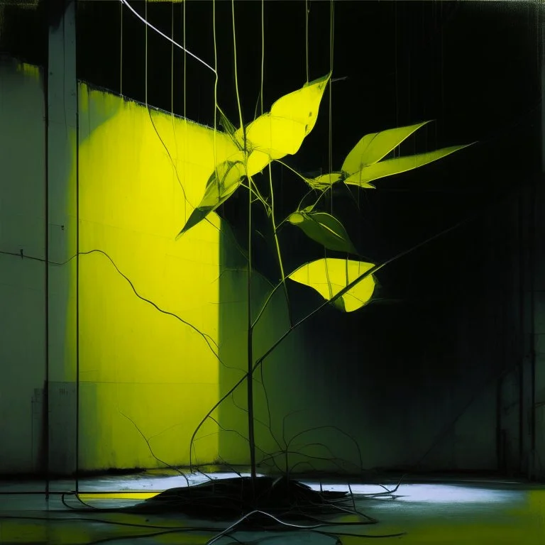 Minimal abstract oil painting of a large leaf plant in concrete warehouse brutalist architecture and hanging wires illuminated at night. With triadic yellow colours. In the style of Justin Mortimer and Phil Hale, Ashley Wood