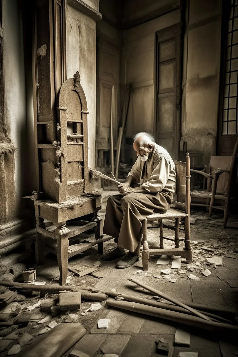 An old man cutting on an old chair in side an old temple bound by a bomb, burdened with worries without a background