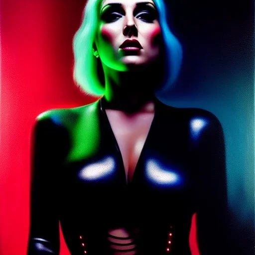 portrait oil on canvas, beautiful punk busty female Cyborg, looking to viewer, sad green eyes, post-apocalyptic in a cyberpunk city,minimal skintight suit, blade runner, comic book cover, mystical colors, neon, insanely detailed,realistic,intrincate detail, 16k resolution, masterpiece, Adam hughes