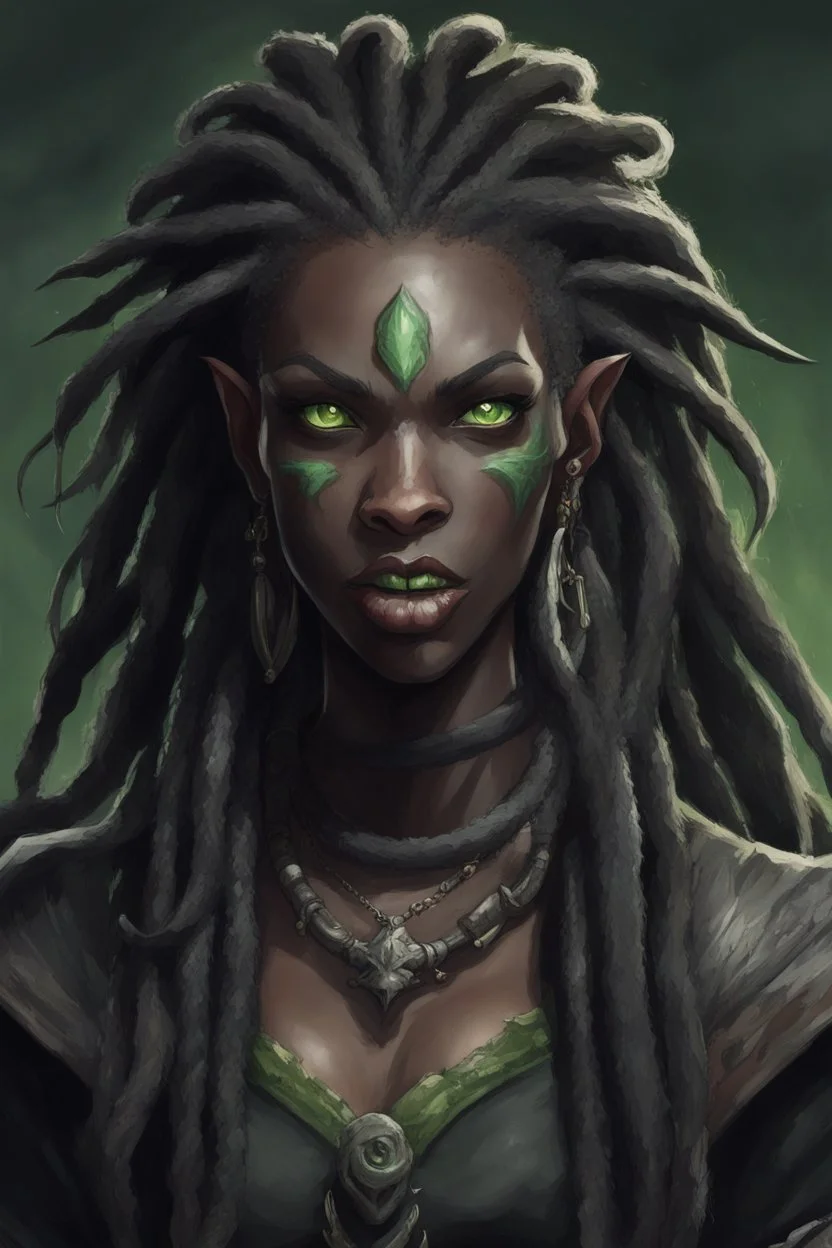 generate a dungeons and dragons character portrait of a female beast-human with black skin, dreadlocks, green piercing eyes, fangs and a thick nose. She is wearing black clothes and has tusks