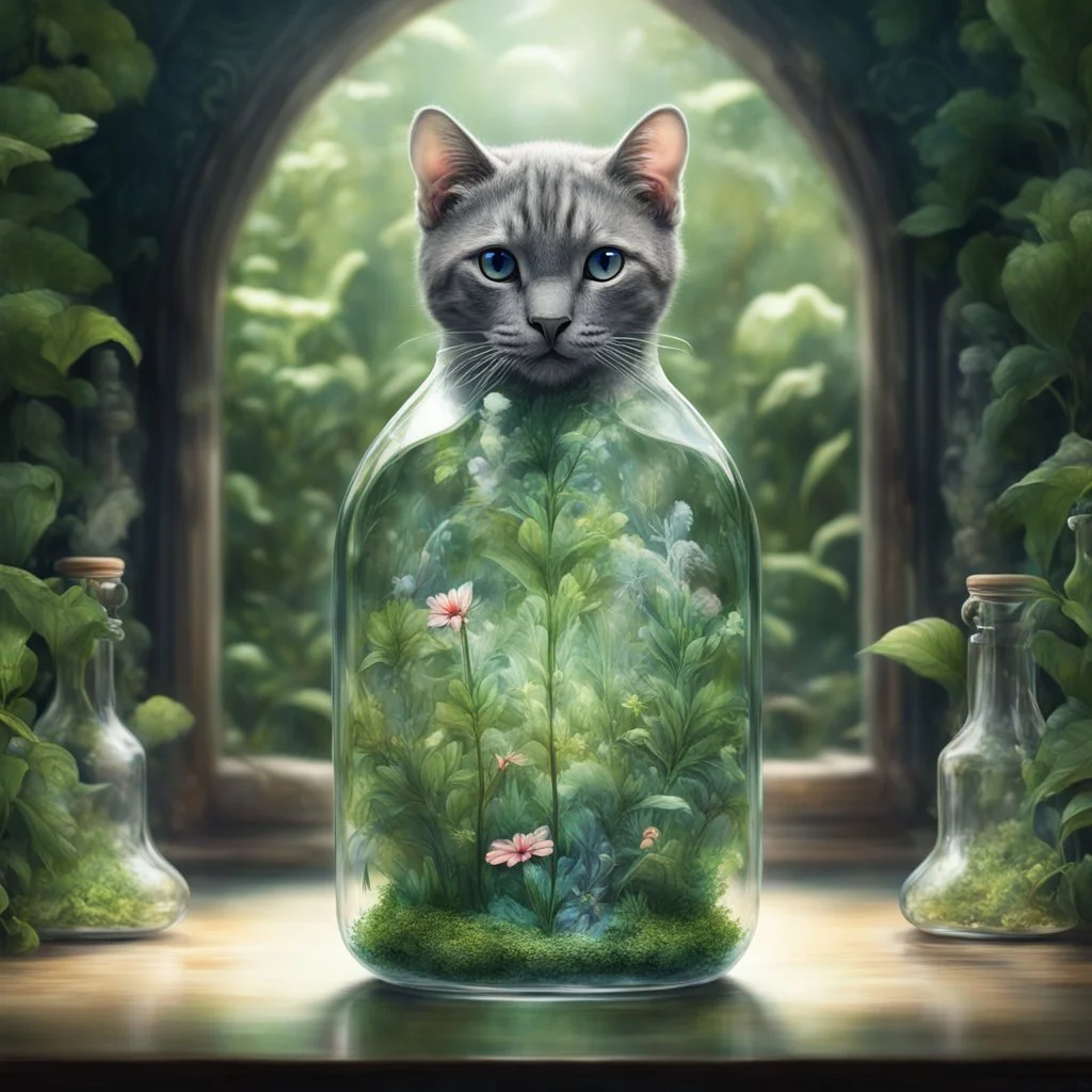 a lttle cat symmetrically centered, secures itself within a transparent glass bottle,contrasting with the wealth of verdant flora encasing it. teems within the confines, leaves, stems, and petals vie for space, an intricate greenery around the elefant. The glass bottle itself, clear captures the spectacle with a kind of crystalline magnification effect art by greg rutkowski, sarah kay and mark keathly