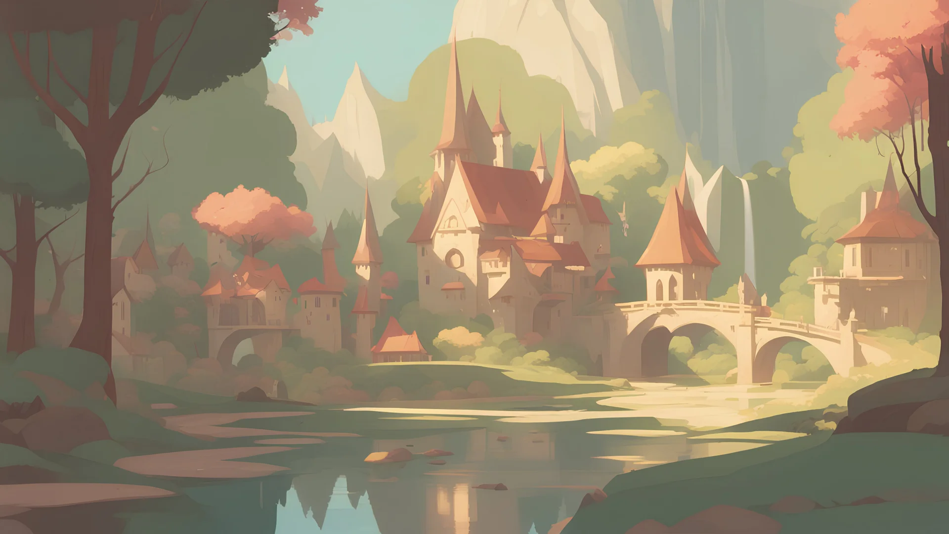 a painting of patio in Rivendell, Middle-Earth, elvish town, ElfKingdom:: elvish village :: traditional elf architecture, elvish scene painting :: a storybook illustration by James Gilleard, behance contest winner, 2d game art, storybook illustration, rich color palette, spring:1.5 , flowers:1.5 , waterfalls:1.5