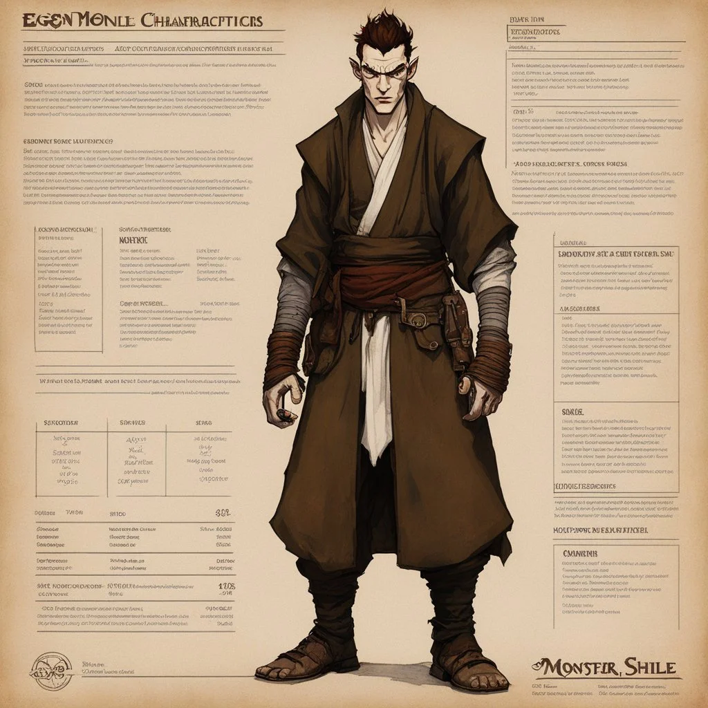 monster concept sheet with AD&D statistics and characteristics [poster by Egon Schiele] Gangster-turned-Monk