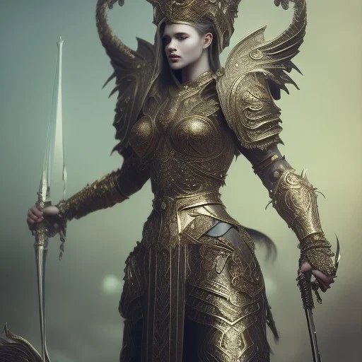 badass female queen of war, beautiful figure, wearing hyper detailed armor,extraordinary, sharp focus,macro lens, intricate filigree metal design, full body portrait, cinematic, unreal engine 5, 8k, hyper realistic. Volumetric lighting, unreal engine 5 ,hyper elegant,hyperphotorealistic, epic composition,bokeh, cinematic lighting, hyperphotomaximalist, masterpiece