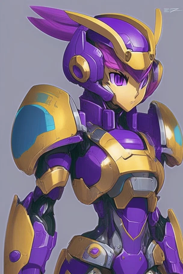 A Genderless Cyborg made of metal, has a human like face with a long violet ponytail, the cybord is wearing armor similar to Megaman Omega. The color palatte of the armour is deep purple and yellow.