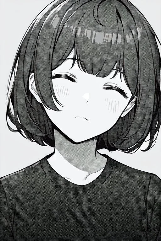 short hair girl, closed eyes, close-up, greyscale