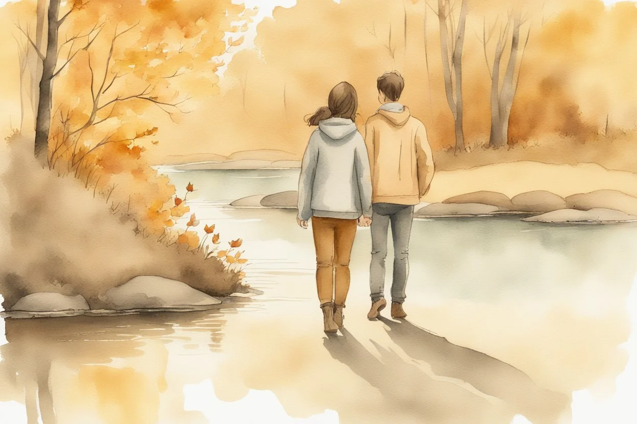 young brunette woman and boy friends walking next to a pond in an autumn forest watercolor and ink in ochre, golden glitters