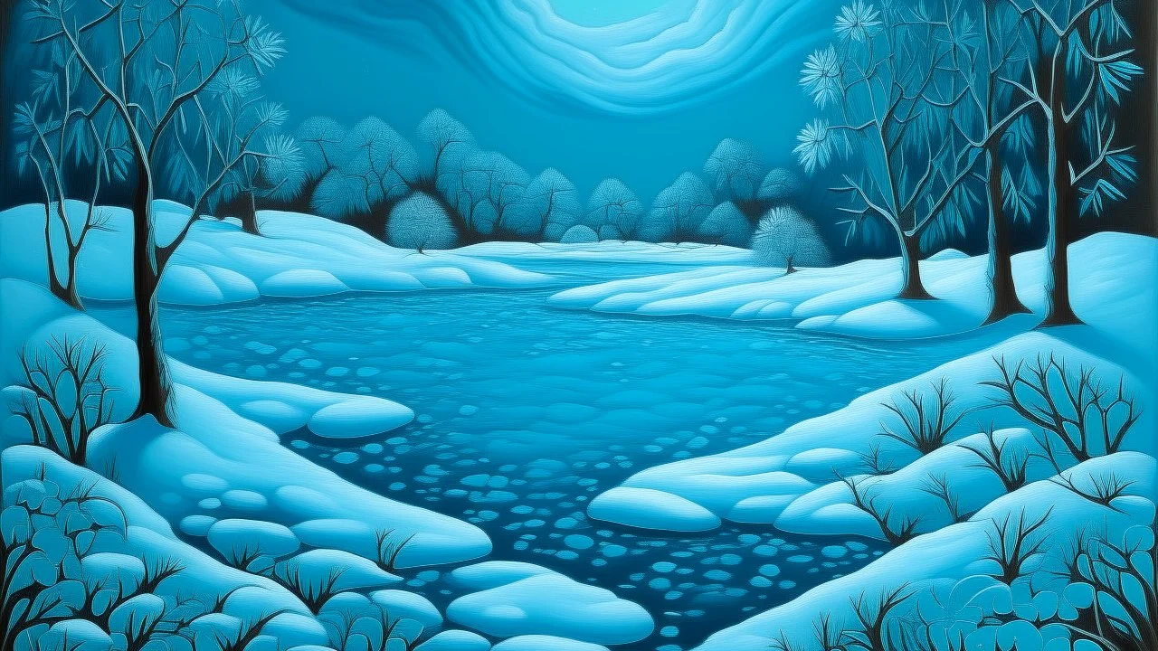 A cyan snowfield with falling snowflakes and a frozen lake designed in Mexican folk art painted by Frank Wilson