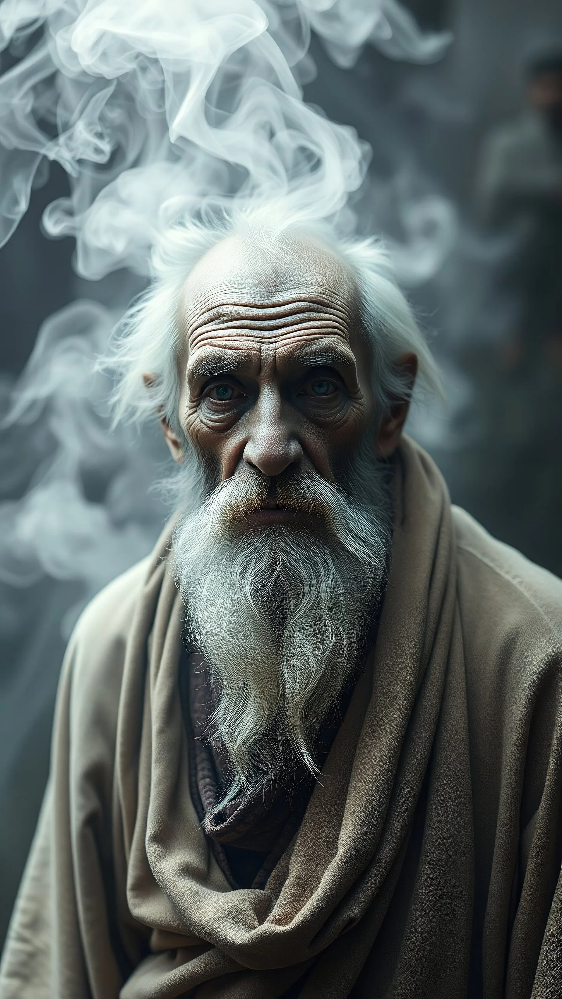 An old man all white form formed from white smoke