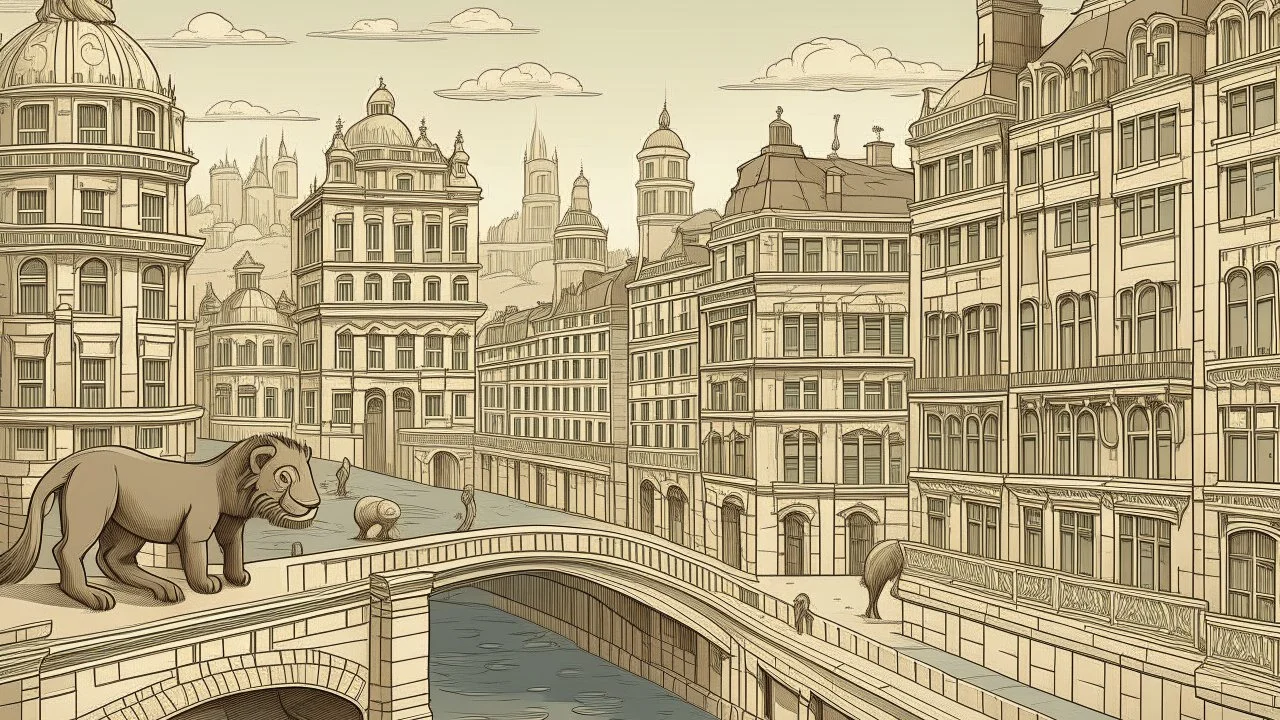Illustration of a cityscape with a river in the foreground, featuring several large buildings with a uniform architectural style, characterized by multiple windows and a grid-like facade. The buildings are colored in muted tones of beige, brown, and gray, with black outlines defining their shapes. In the foreground, there are two stone lion statues resting on a ledge, their reflections visible in the water. The river reflects the buildings and the sky, creating a symmetrical effect. A small boat