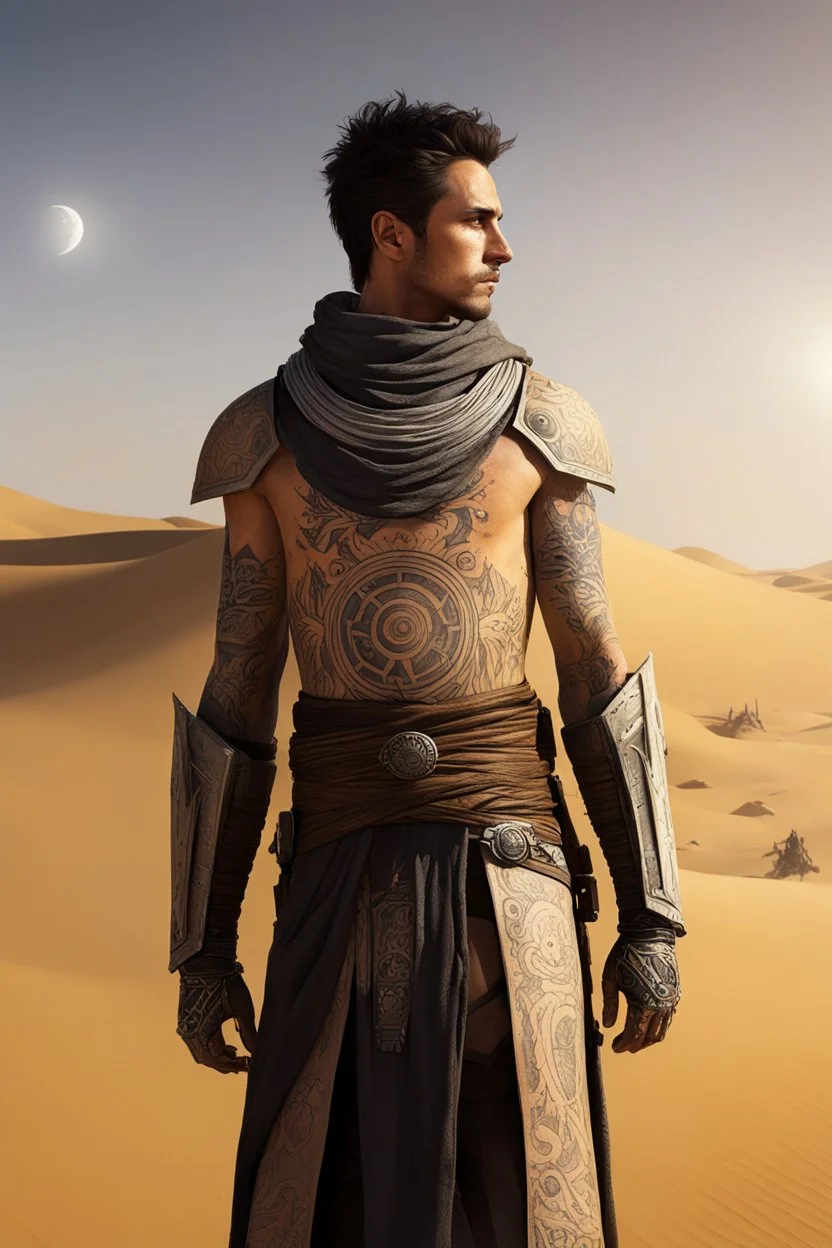 [tattoo covered youthful warrior] The twin suns sink low on the horizon as Tarren Dustwalker stands sentinel upon the dune, inked flesh shifting in their dying light. He is the last guardian of Tatooine now, all other Defenders fallen these past moons. Tarren's tattoos witness that long he has kept his lonely vigil here. His keen eyes note every grain of sand, searching for any threat borne on the fading breeze. One hand rests lightly upon the haft of his well-worn axe, callused fingers wrapping