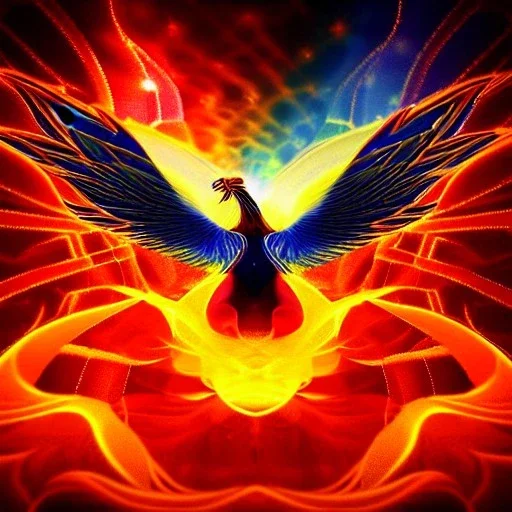 numeric artwork portrait of a Phoenix, very symetric, halo of fire, space background, very beautiful very detailed, hyper intricate, very magnificent, mystical rendering, hdr, 8k, sunlight, autumn colours, perfect angle, perfect color, perfect symetrical, octane effect rendering, great angle photography, cinema 4d