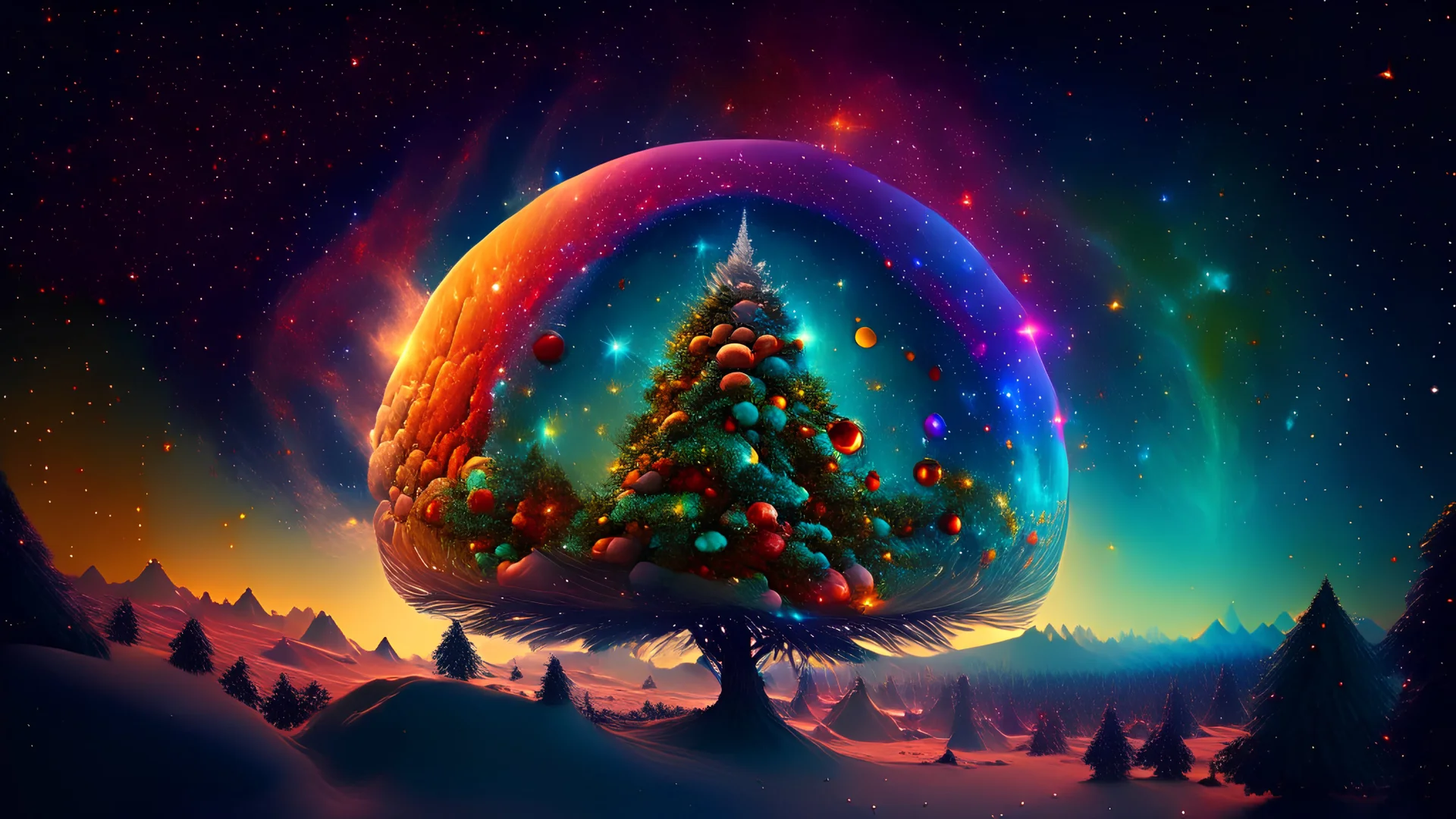 in the distance a colorful intricate christmas tree shaped planet similar to earth in a brig ażht nebula. Large Word "KASIA". sparkles. Cinematic lighting,vast distances, swirl. fairies. magical DARKNESS. SHARP. EXTREME DEPTH. jellyfish