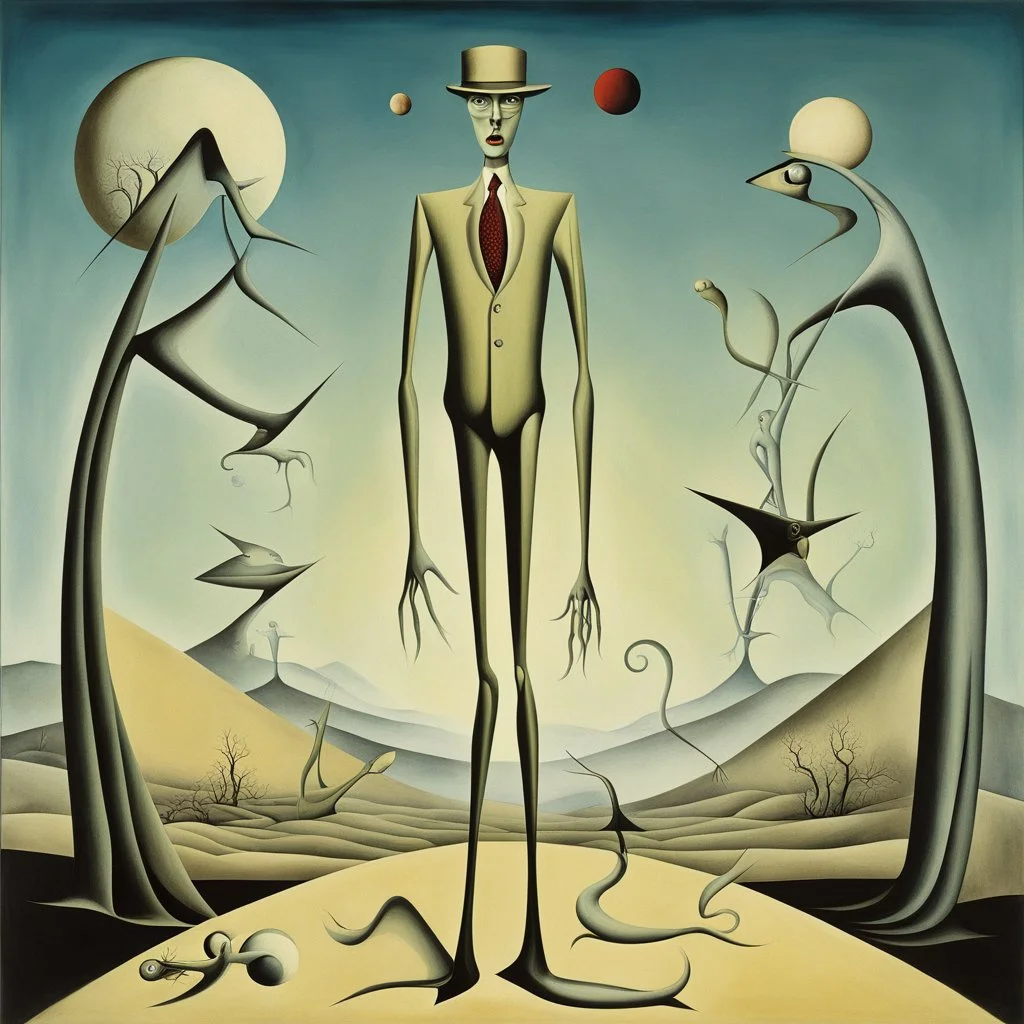 Enhanced surrealism, nightmare salesman contrivances, unregulated absurdity, by Desmond Morris and Kay Sage, mind-bending surreal double exposure image, zig-zag weirdling, classic surreal elements, long legs, by Salvador Dali and Joan Miro