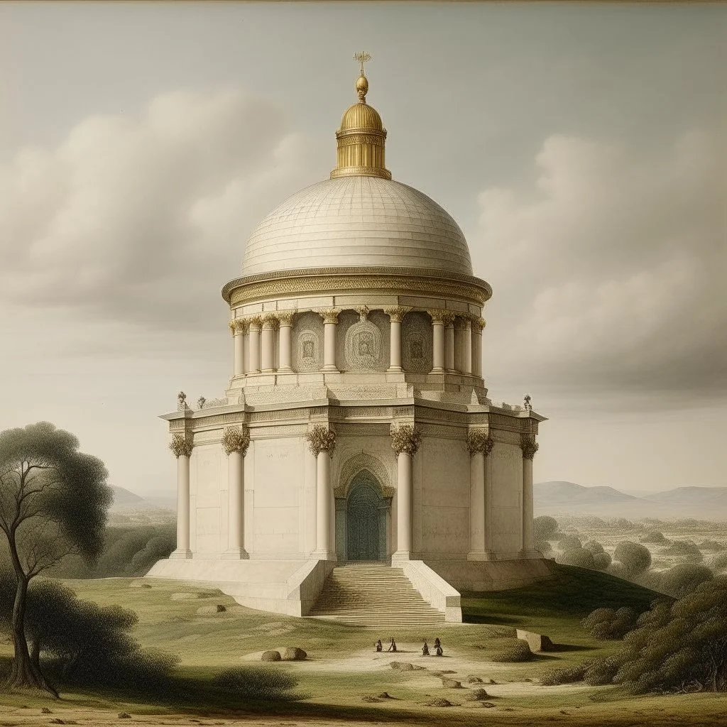 A white cloudy temple on a peak designed in ancient Egyptian pottery painted by Peter Carl Faberge