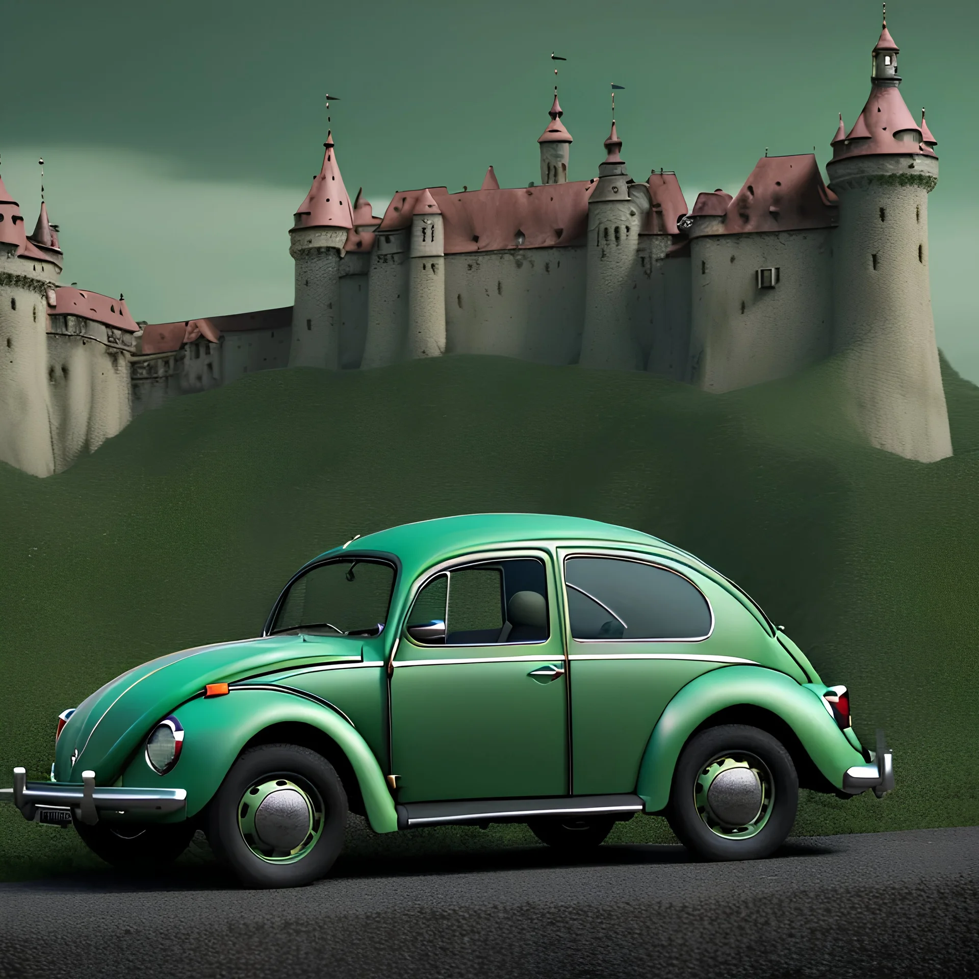 An old green VW Beetle, driving towards an Austrian castle, 8k, HD, cinematography, photorealistic, Cinematic, Color Grading, Ultra-Wide Angle, Depth of Field, hyper-detailed, beautifully color-coded, intricate details, beautifully color graded, Cinematic, Color Grading, Editorial Photography, Depth of Field, DOF, Tilt Blur, White Balance, 32k, Super-Resolution, Megapixel, ProPhoto RGB, VR, Halfrear Lighting, Backlight, Natural Lighti