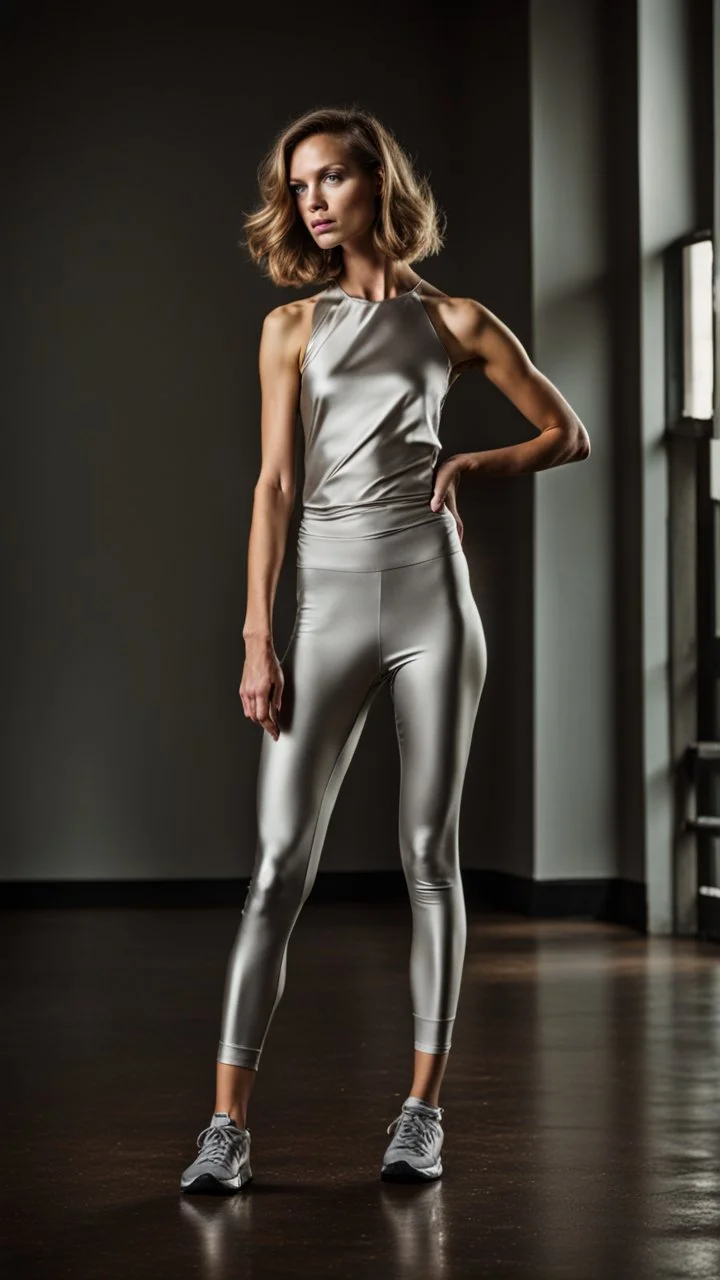 photography of a beautiful anorexic woman, silver satin top, sports illustrated, capri leggins, short wavy bob haircut