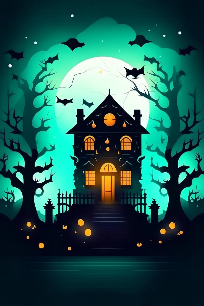 "Create an AI logo design for Halloween with a haunted twist. Picture a spooky house surrounded by eerie mist and moonlight. Add playful elements like ghostly figures, bats, and a jack-o'-lantern on the doorstep, capturing the essence of a ghostly Halloween night."