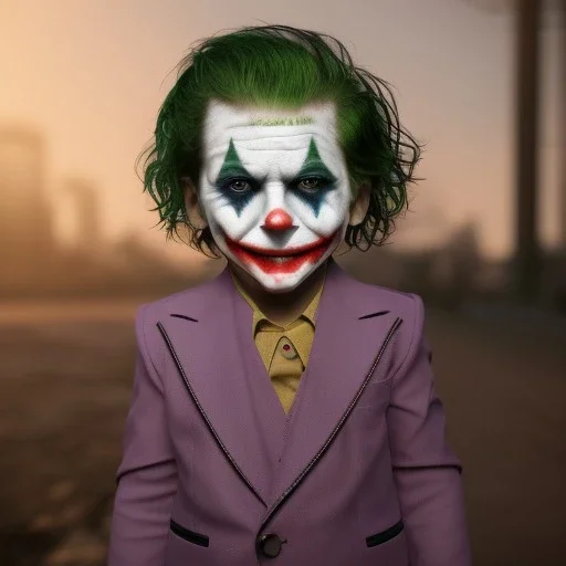 Joker toddler, real, full body, tokio background, dramatic lighting, hyper realistic, 8k