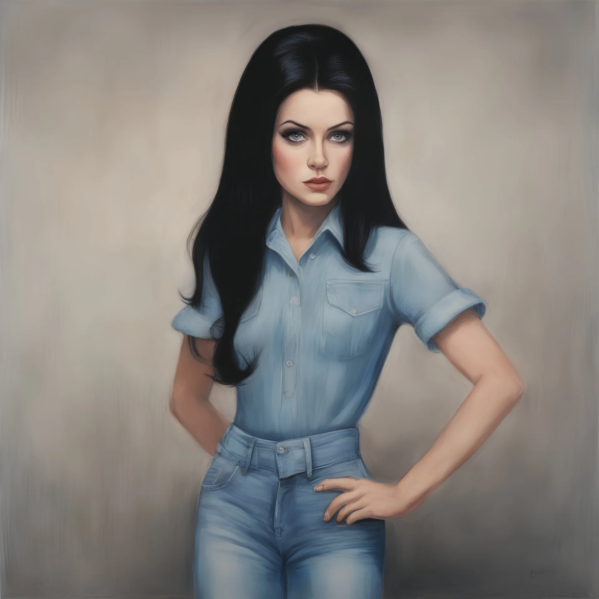 Priscilla presley, long straight black hair, , big blue eyes, jeans, ,in the style of Margaret Keane