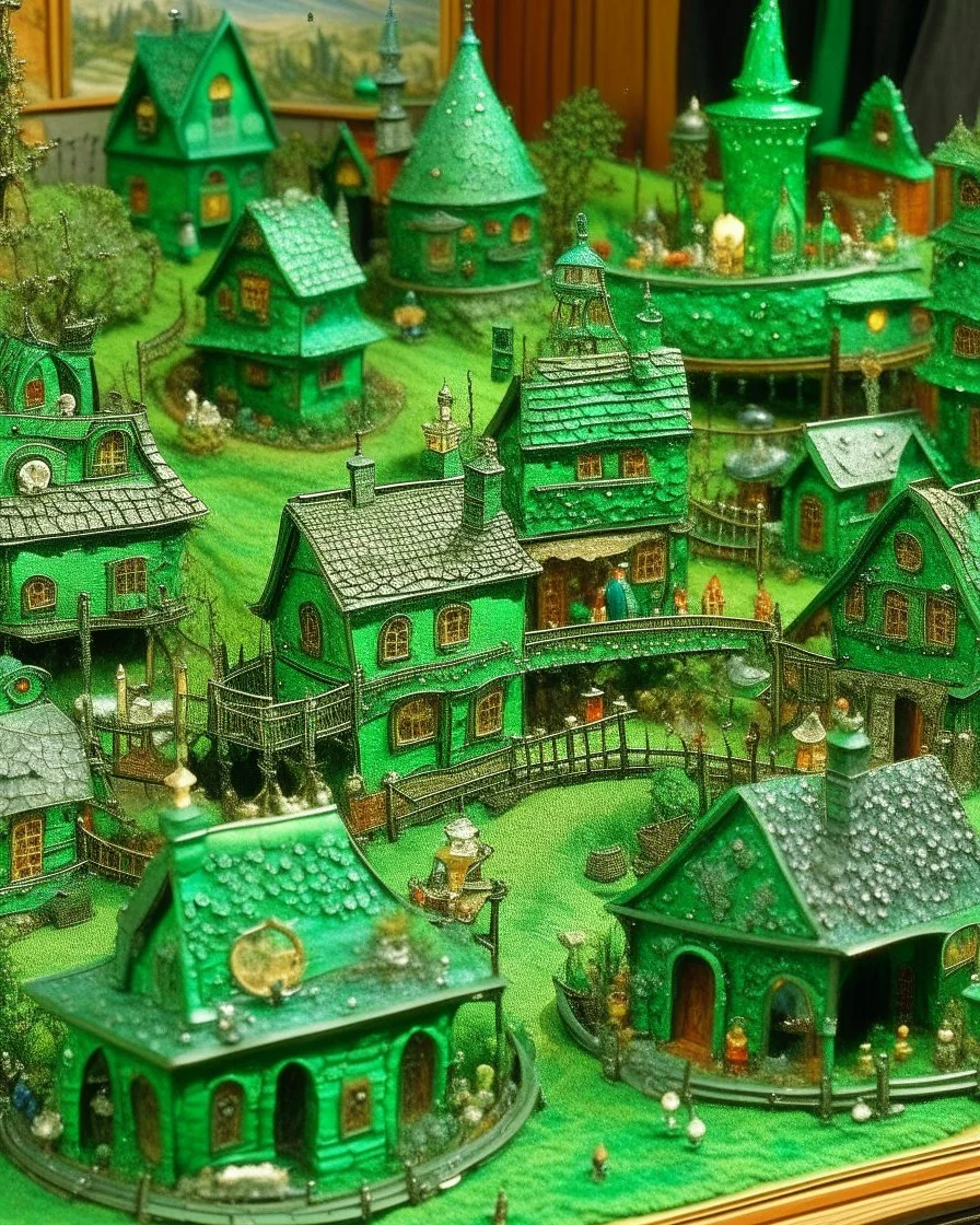 A green mechanical village with crystals painted by Georges Seurat