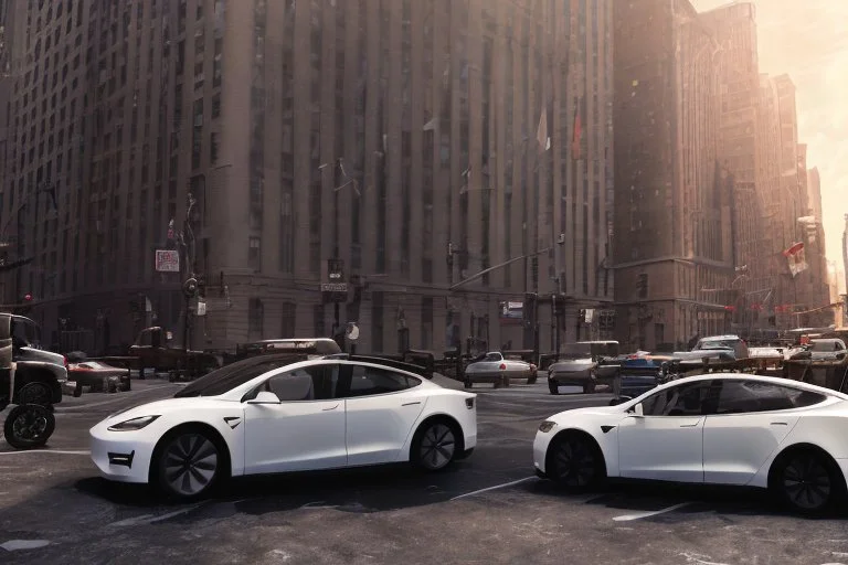A Tesla 'Model Y' is parked, on 'Wall Street', in New York. (CINEMATIC, WIDE ANGLE LENS, PHOTO REAL)