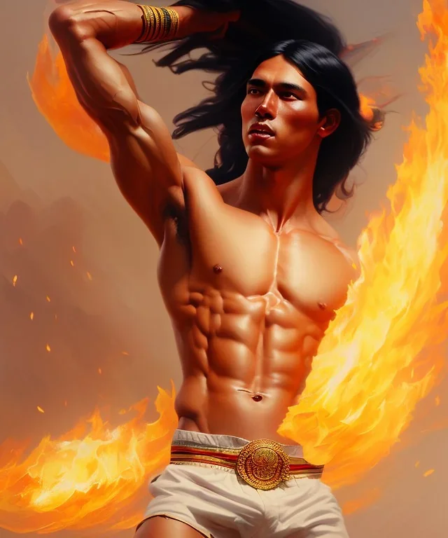 native american warrior, long black hair, dancing on top of fire, big muscles, shirtless, 8k resolution concept art portrait by Greg Rutkowski