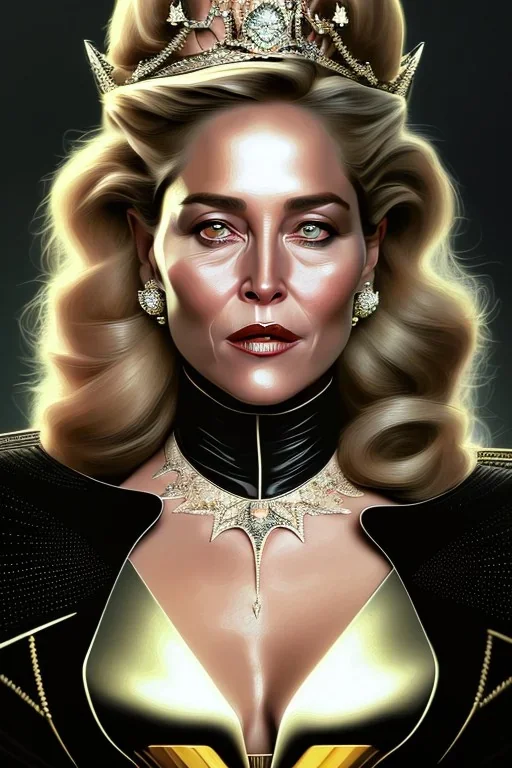 painting of Sharon Stone as evil queen in black leather gown, feminie, angry, stern look on her face, emperious, highly detailed, digital painting, artstation, concept art, smooth, sharp focus, illustration, art by gaston bussiere and alphonse mucha