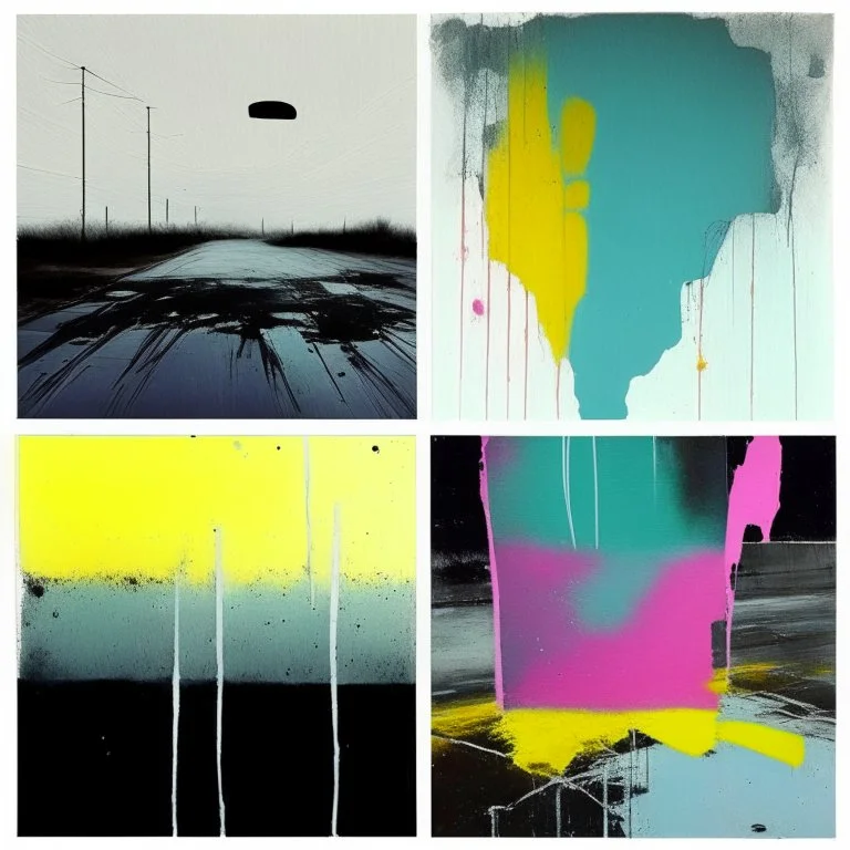 Minimal abstract oil paintings cheerful happy colours desolate 1960s carpark concrete fragments style of Justin Mortimer and Francis Bacon. road markings.