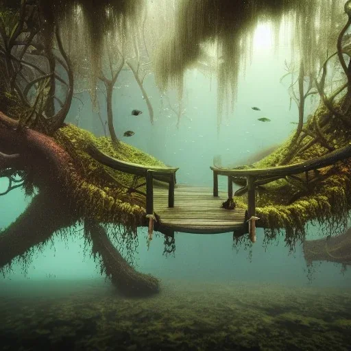 Underwater Forest, Trees, Wood Bridge Submerged, Fish, 8k Resolution, Fine-Detail, High-Quality, Intricate, Detailed Matte, 3d Octane Render, Beautiful, Stunning, Brian Froud, Selina French, Howard Lyon, Greg Rutowski, Annie Dittman, Annie Stokes