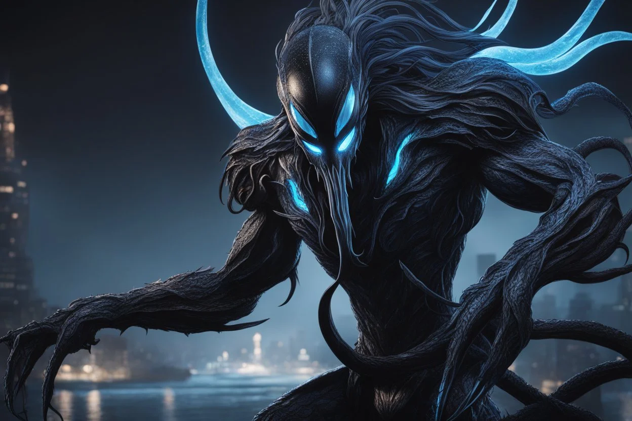 Huge symbiote in 8k solo leveling shadow drawing, Cthulhu model, neon blue lights, sea, intricate details, highly detailed, high details, detailed portrait, masterpiece,ultra detailed, ultra quality