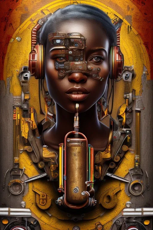 african portrait in rusted clocks, rust, scaffolding, ghana colours, cyberpunk, high detail