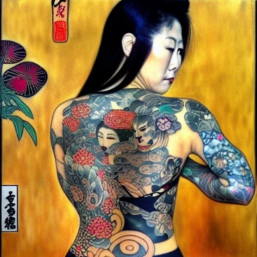 dibujo al oleo de cuerpo entero de una mujer yakuza con tatuajes y con katana estilo Gustav Klimt