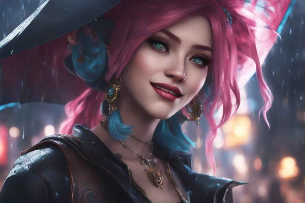 Jinx in 8k anime cgi artstyle, arcane them, crazy laugh, close picture, rain, apocalypse, intricate details, highly detailed, high details, detailed portrait, masterpiece,ultra detailed, ultra quality