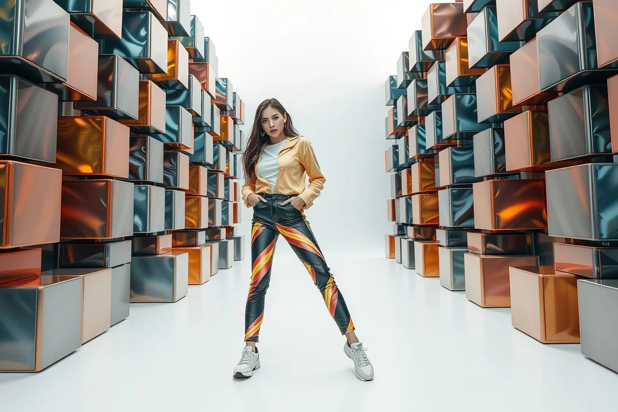 beautiful lady with todays modern clothing and sport shoes, in surreal stage made of fractal random size objects with helical strip colors in clothing similar to environment full body posing to camera,animating background metallic random color cubes