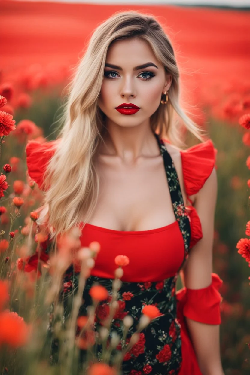 Beautiful russian girl, blonde hair, bold lipstick, wild color full flower field, braided bangs, braided bobcut, solo, apron,thick thighs, side-tie panties, black hair, 18yo,(on back:1.2) ,red dress, portrait