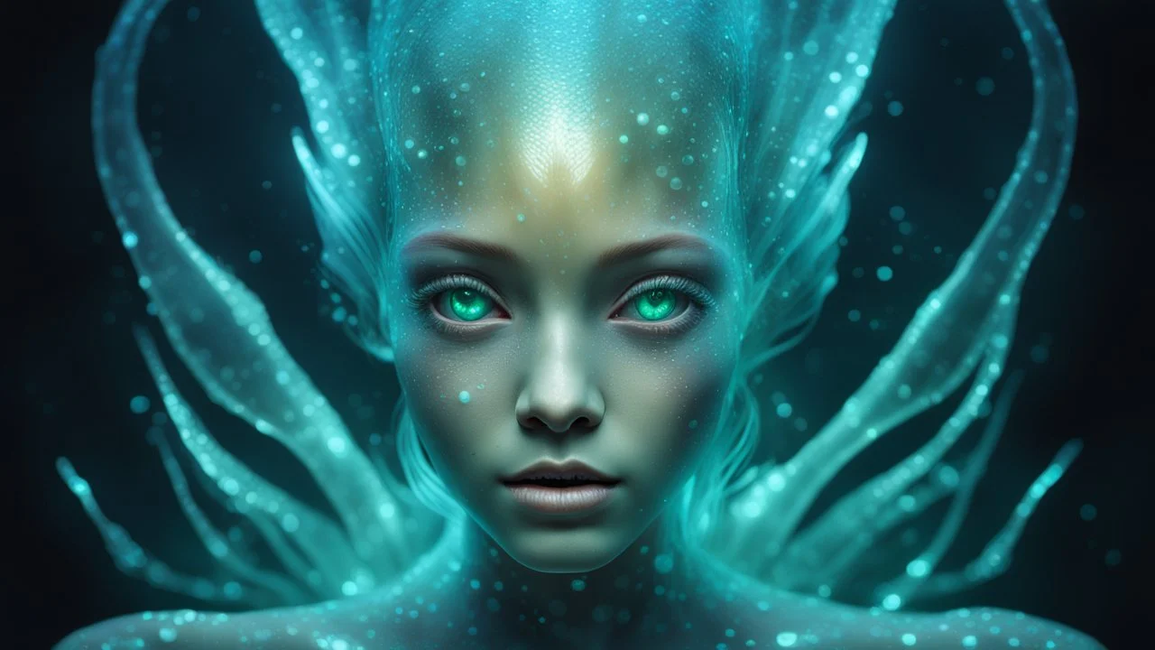 A Photograph with bioluminescent and bioluminous artistic style portrays a divine mermaid alien humanoid. A curvy model front facing with bioluminescent wet translucent irredescent skin etheral glowing eyes, large head fins and ear fins flowing showcases an alluring, perfect face in ultra-realistic detail. The composition imitates a cinematic movie, with dazzling, golden, and silver light effects. The intricate details, sharp focus, and crystal-clear skin create a highly detailed,