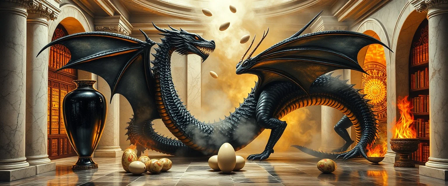 master oil painting by Escher and Giger, glaring vases and black humanoid reflective female dragon and hidden golden dragon inside marble hall library, cryptic eggs, sacred geometry, fire fog and steam border, fire elemental creature