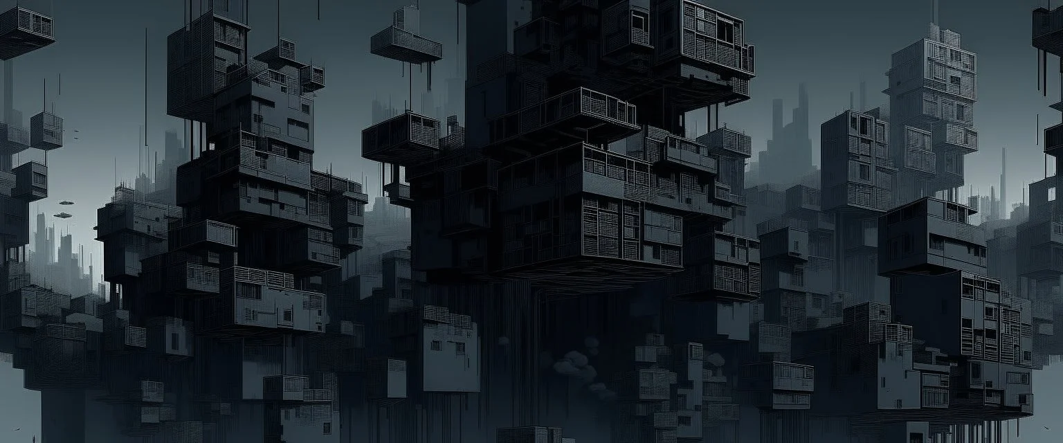 A dark gray digital realm with pixelated floating buildings painted by Francis Danby