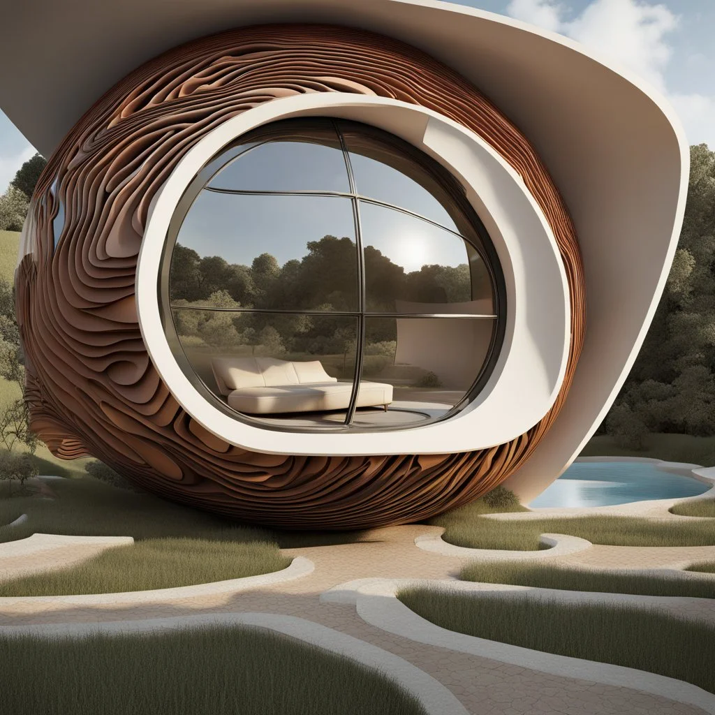 Abstract country house roughly shaped like a vinyl record, vinyl record groove textures, by Victor Enrich and Frank Lloyd Wright, natural lighting, photorealistic, dramatic stunning Biomorphic anatomical architecture, reticulated Fibonacci sequence, 3D Octane Render, reflective glass, abstract surrealism, rich colors.