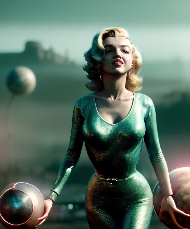 Ultra Realistic retro sci-fi 1960 scene, waist up view portrait, blonde woman, sweet young Marilyn Monroe face, perfect iris, tight latex coat, alien planet background, tight style, steel sphere dron levitating, fog, rain, soft color, highly detailed, unreal engine 5, ray tracing, RTX, lumen lighting, ultra detail, volumetric lighting, 3d, finely drawn, high definition, high resolution.