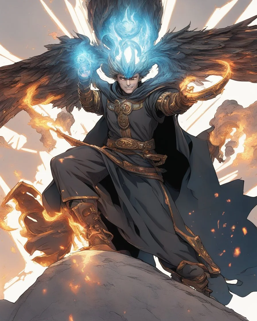 A 25 years boy persian in matte black robes with flaming eyes with grin with flaming light blue pupils stands atop a squire Two infinity gauntlets contain six infinity stones, one of which is made with nano In the hands of a powerful man walking While standing on a majestic height from afar With two big wings