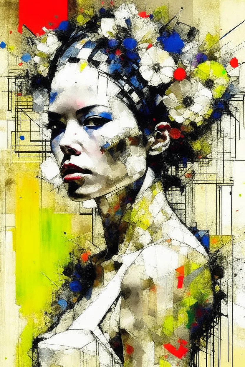 portrait of a beautiful bride by Russ Mills and Alberto Seveso, background with Mondrian effect