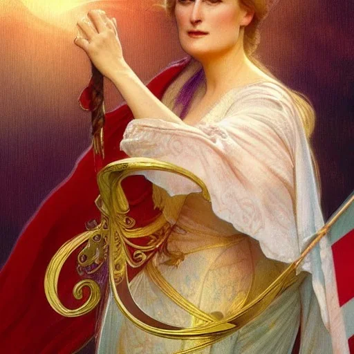 merryl streep with norwegian flag, plum, fantasy, intricate, elegant, highly detailed, digital painting, artstation, concept art, smooth, sharp focus, illustration, art by gaston bussiere and alphonse mucha