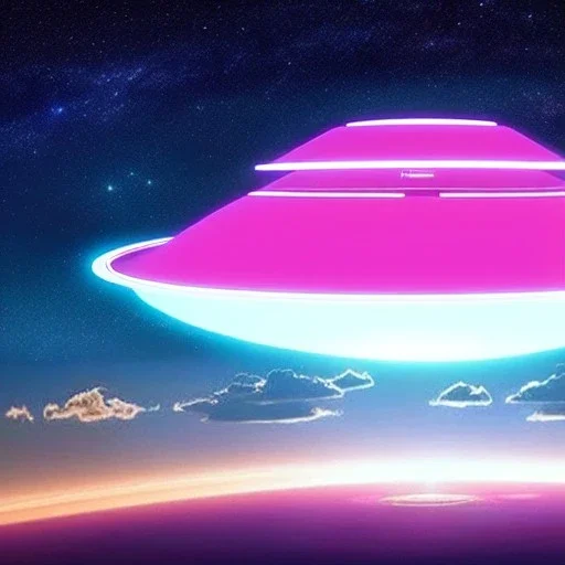 ufo, very beautiful mothership , elegant, clouds, planets, galactic atmosphere, atmospheric, realistic, cinematic lighting, pink blue light, 8k,