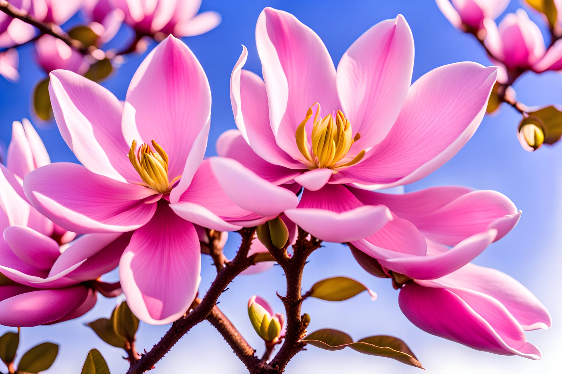 a pink magnolia tree, parma or blue light effects colors, sun, realistic, high contrast, 8k, high definition, concept art, sharp focus