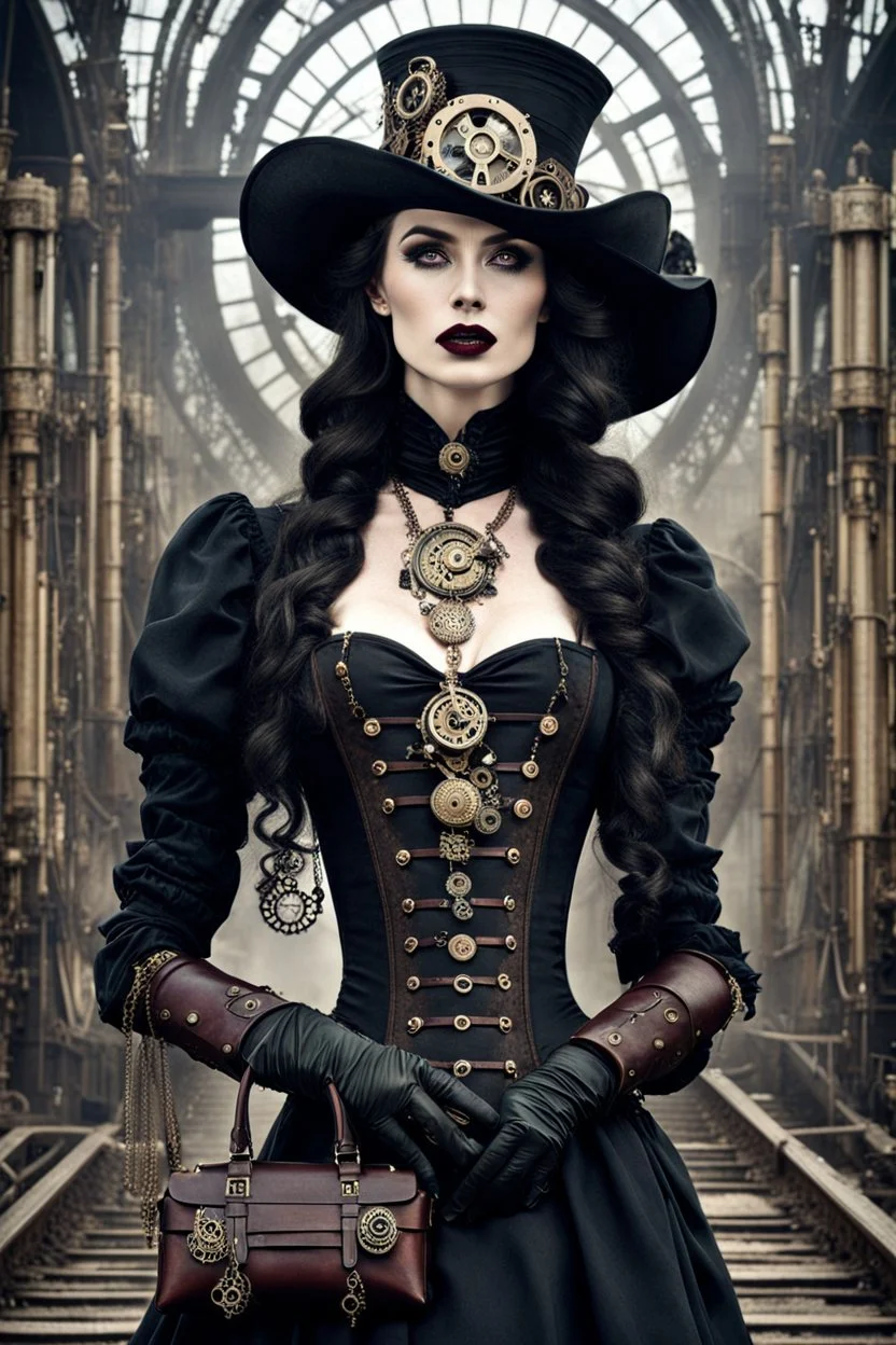 adult, woman, necklace, steampunk hat, delicate features, unique style, pale skin tone, dark eyes, dark lipstick, regal rebell-steampunk dress, dark dress, black elbow gloves, long hair, holding an mecha-cotton bag, ethno steampunk style, whimsical vibe, high detalied, realistic, cinematic, random background