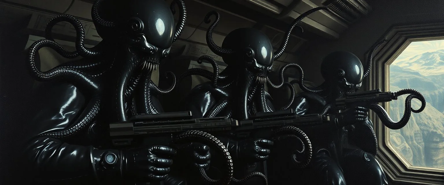 master oil painting by Rembrandt, black glistening slimy octopus insectoid Nephilim tribe trauma watchers commando in spaceship, in the style of Giger