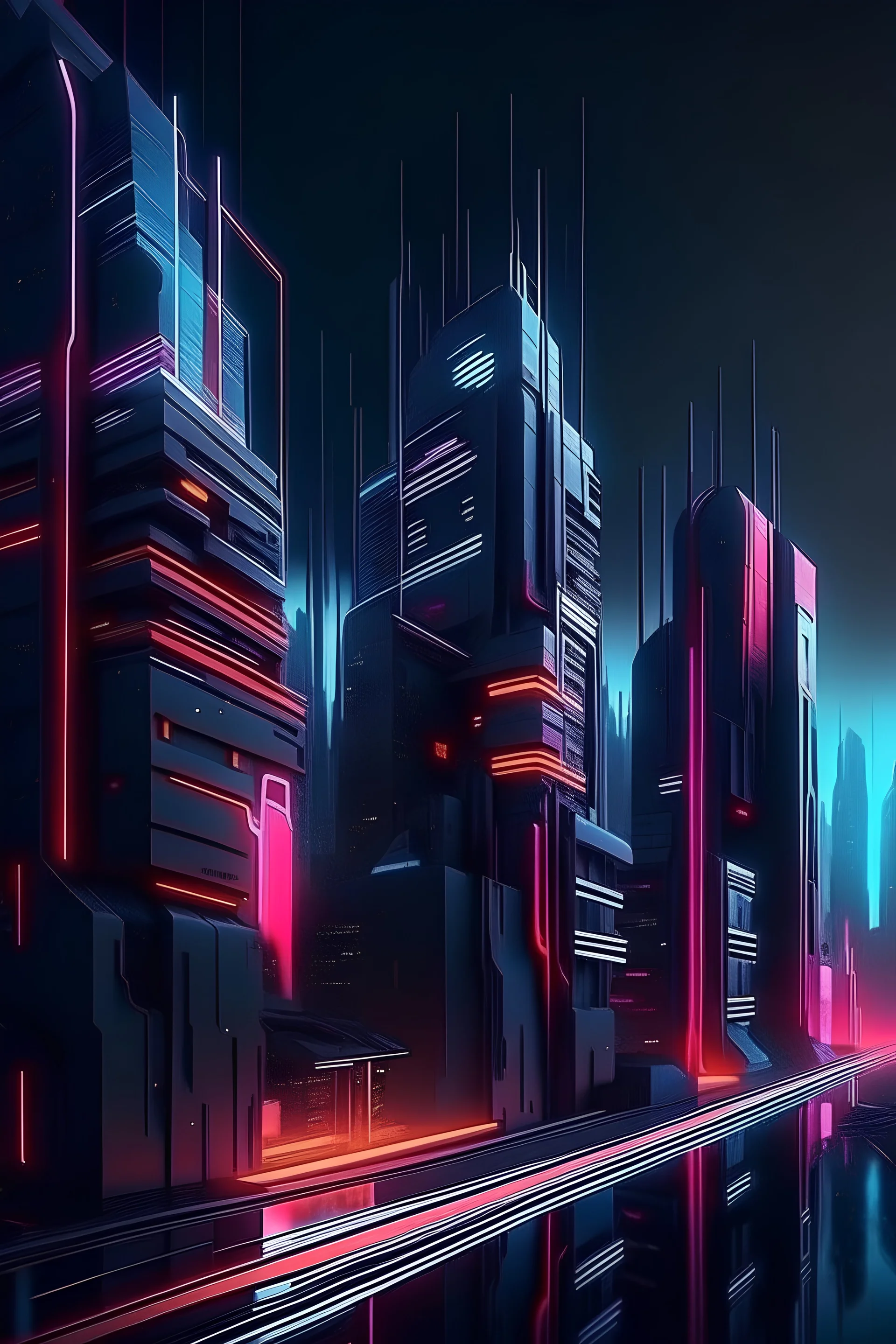 Abstract art cyberpunk cityscape featuring neon-lit skyscrapers, 3d, 8k, photo realism