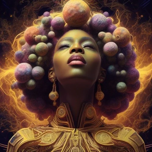 Octane render. 4K Oil painting. Fine art. Detailed. Fractal. Chakras. Sacred geometry. a brain exploding. kintsugi. Chaos. Portrait of a young black woman laughing. Screaming. Smiling. dark skin black woman .a mind exploding. limitless. .non linear reality . Laugh until you cry. Tears the colour of oil. joy rolling of her body. Tears of her eyes nose and mouth like a oil spill.